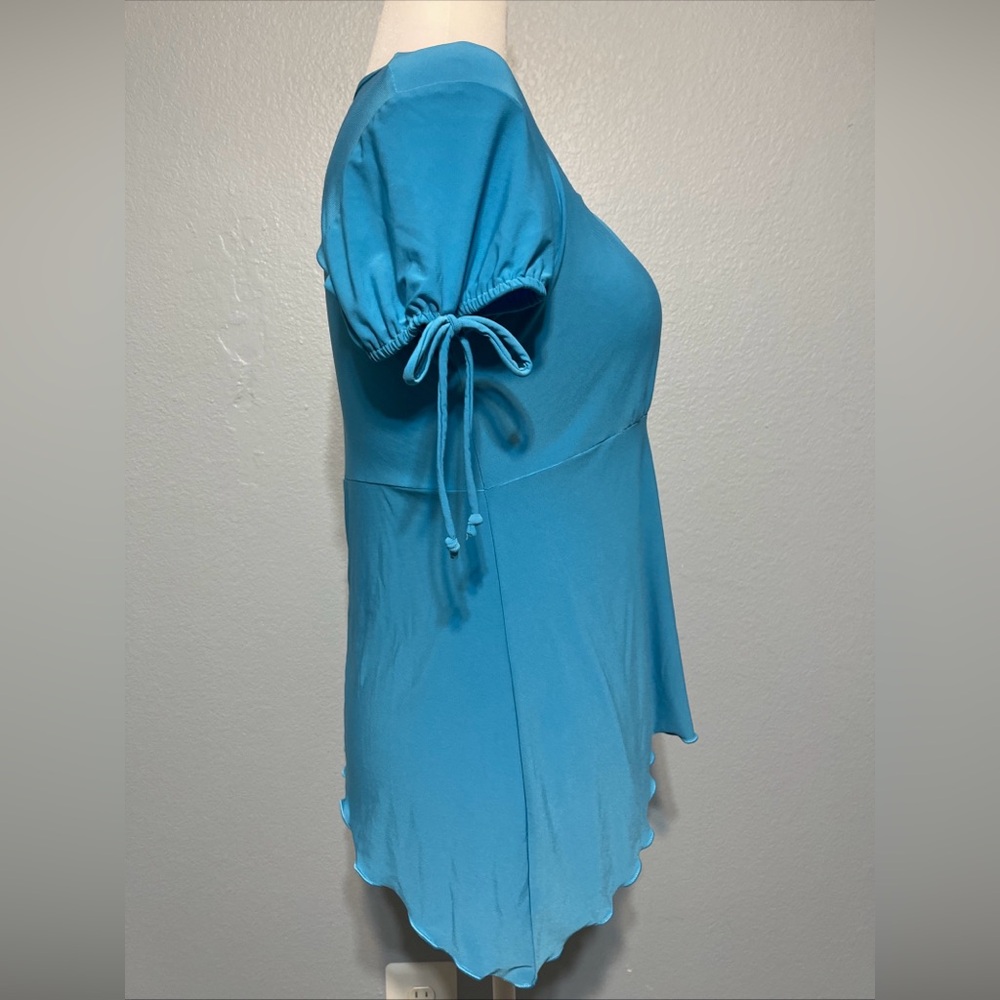Teal Empire Waist Blouse Ruched Tie Sleeve Flowy Stretch Top Babydoll Large - Picture 2 of 8